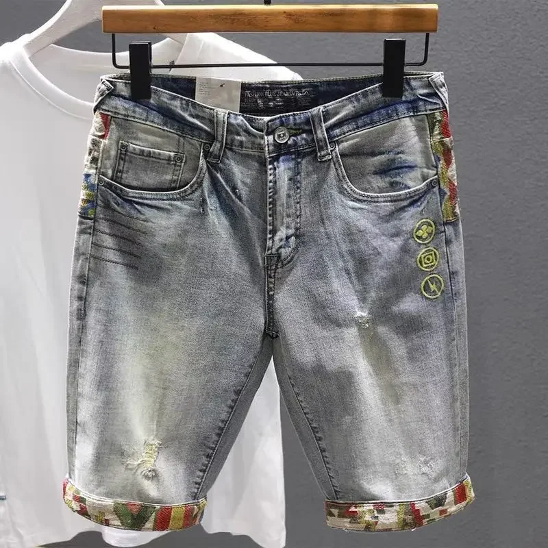 Male Denim Shorts Graphic Men's Short Jeans Pants Straight Ripped Embroidery Selvedge Trend 2024 Distressed Sale Harajuku Blue