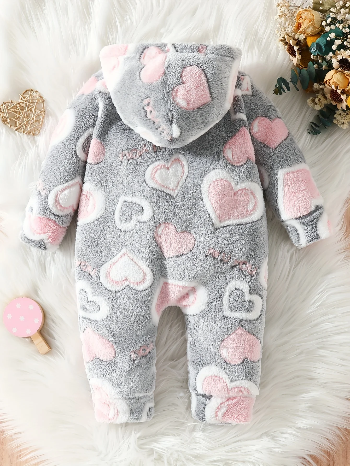 Baby love pattern plush hooded jumpsuit + Warm hooded onesie +0-2 year old baby furry autumn/winter crawling suit