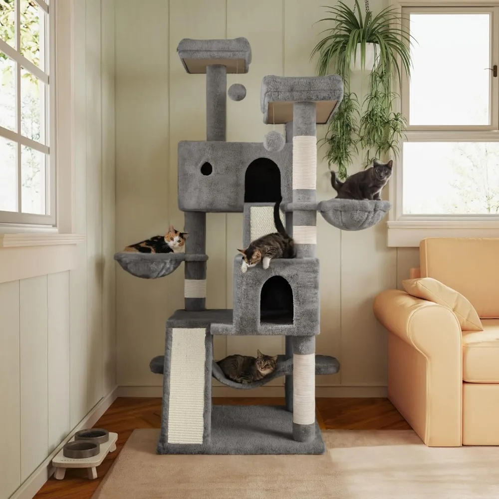 66 Inches Multi-Level Large Cat Tree Tower for Indoor Big Feline/Cozy Plush Perches/Condo/Sisal Scratching Posts