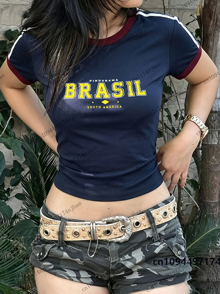 Summer New Letter Brazil Print T-Shirt For Women Short Sleeve Sexy Crop Top Streetwear Vintage Aesthetic Tees Casual Y2k Tops