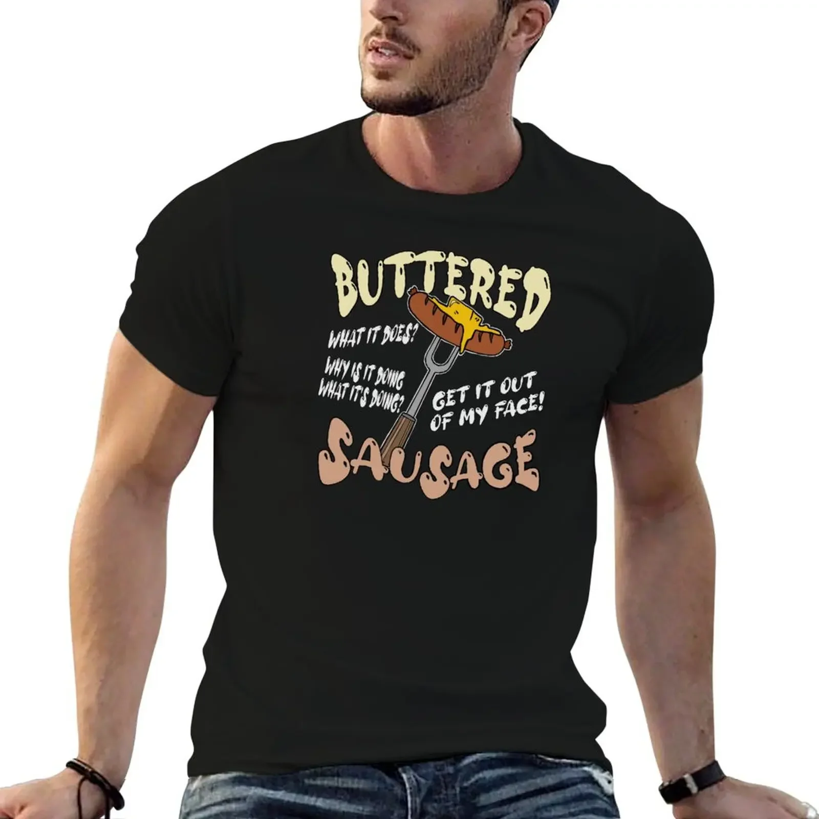 

Funny buttered sausage meme design T-Shirt summer clothes blacks luxury designer Short sleeve tee anime shirts men