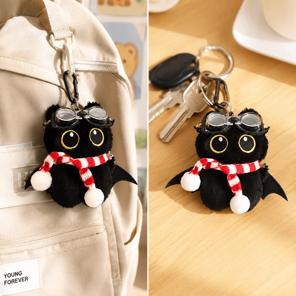 Cute Big Eyes Black Cat Keychain Soft Cartoon Wings Kitten Pendant Little Devil Mini Car Keyring Gift