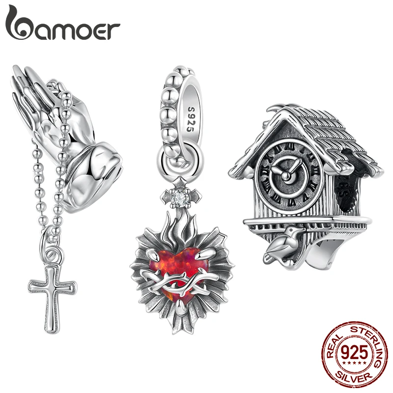 

Bamoer 925 Sterling Silver Retro Cross Charm Love Heart Christian Pendant Bead Prayer Faith Religious Jewelry Gifts for Women