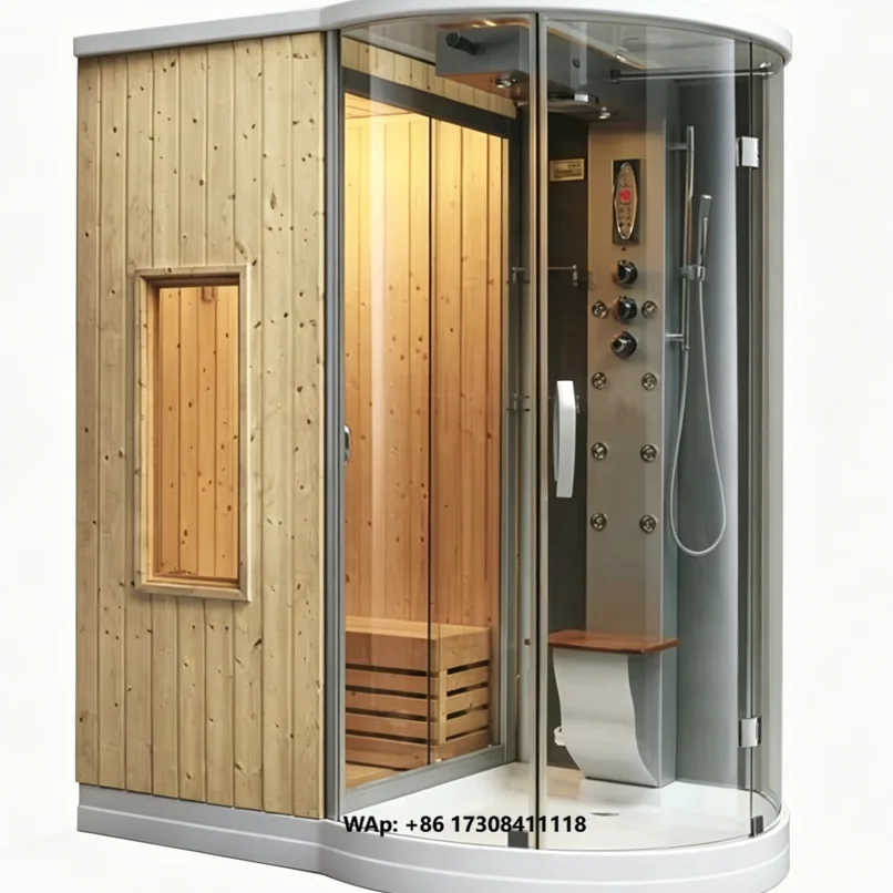 Modern Electric Backyard Sauna Room Solid Hemlock Wood Dry Steam Wet Shower Integrated Outdoor Wellness Cabin Panoramic Glass