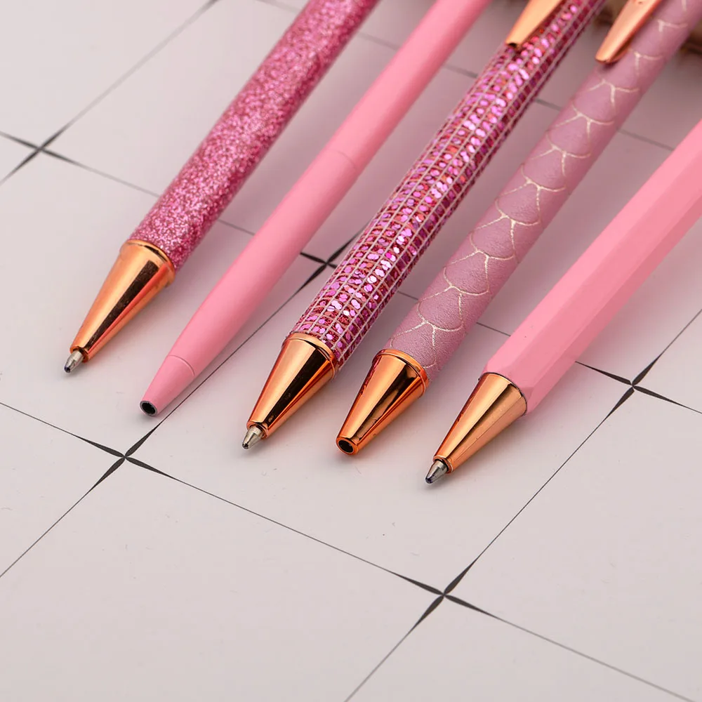 Lytwtw\'s Roller Press Ballpoint Pen Luxury Cute KAwaii Pink Roseo Metal Stationery School Office Supplies Spinning 5 Pieces