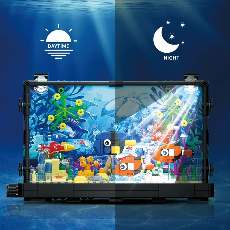 Fish Tank Building Block Lighting Aquarium Building Sets Ocean Jellyfish Turtle Animal Building Toys For Kids and Adults