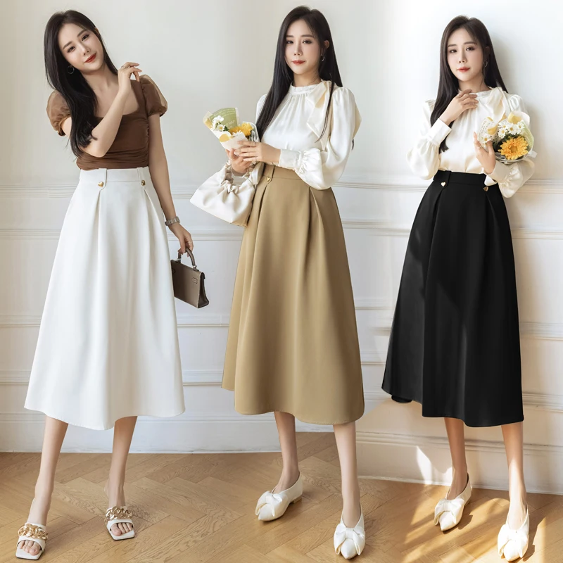 2023 New Fashion Solid A Line Women Skirt Elegant Office Lady All-match High Waist Knee Skirts Summer Loose Female Long Skirt