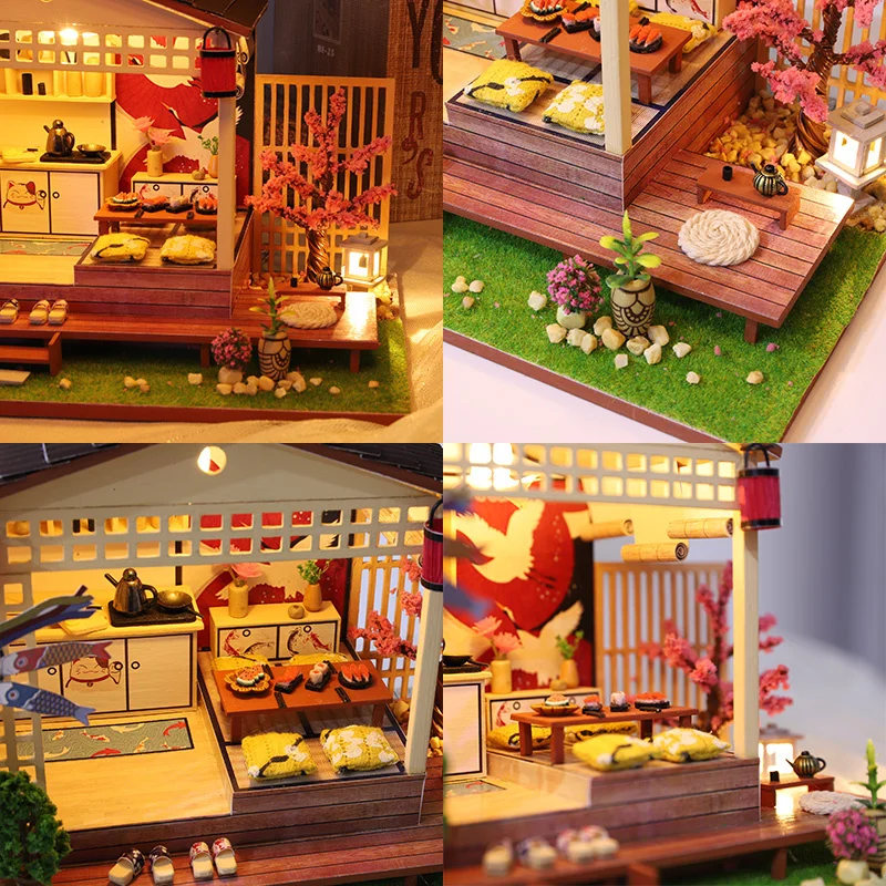 Diy Houten Japanse Poppenhuis Model Miniatuur Bouwpakketten Poppenhuis Met Meubels Kersenbloesems Villa Speelgoed Voor Meisjes Geschenken