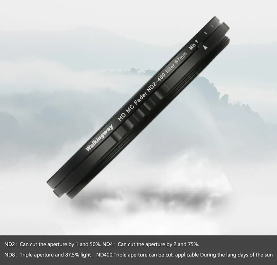 المشي الزجاج البصري الترا سليم Nd مرشح متغير ND2-400 عدسة الكاميرا تصفية 49/52/55/58/62/67/72/77/82 مللي متر كثافة محايدة