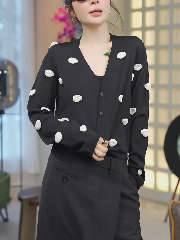 

Slimming Polka Dot Knitwear Faionable Versatile Women's Top plus Size Early Spring Meat Concealing V-Ne Long Sve Camere