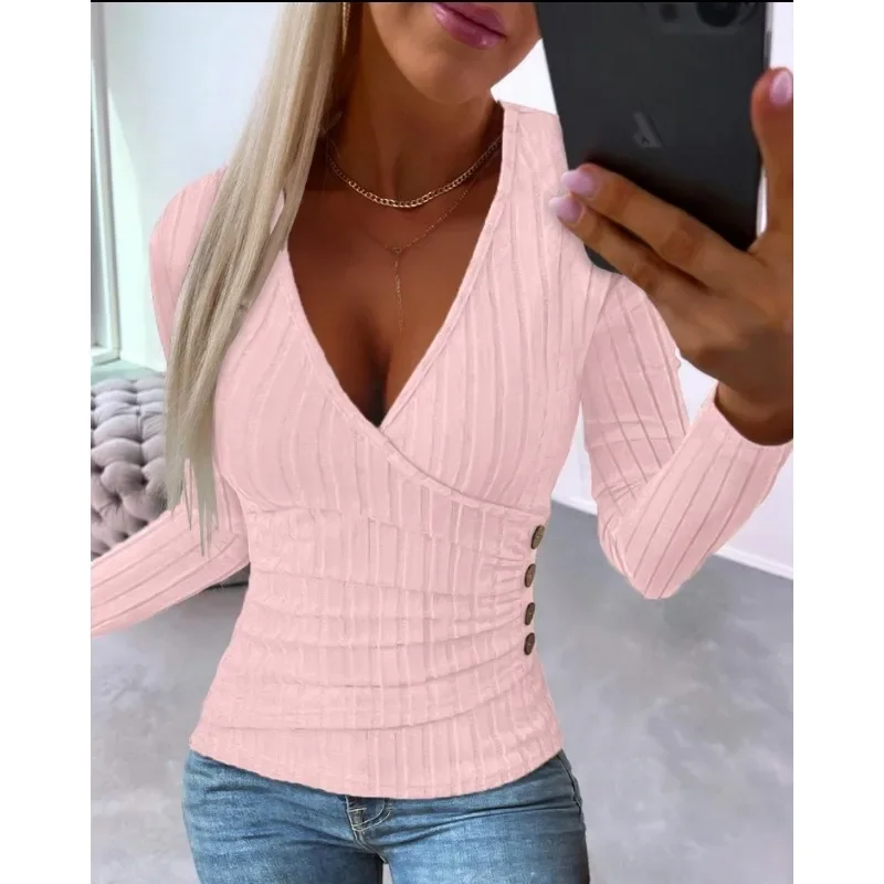 Autumn Commuter Women\'S-2XL sizes Knitwear Simple Solid Color Long Sleeved Fashion V-neck Knitwear Casual Knitwear Top