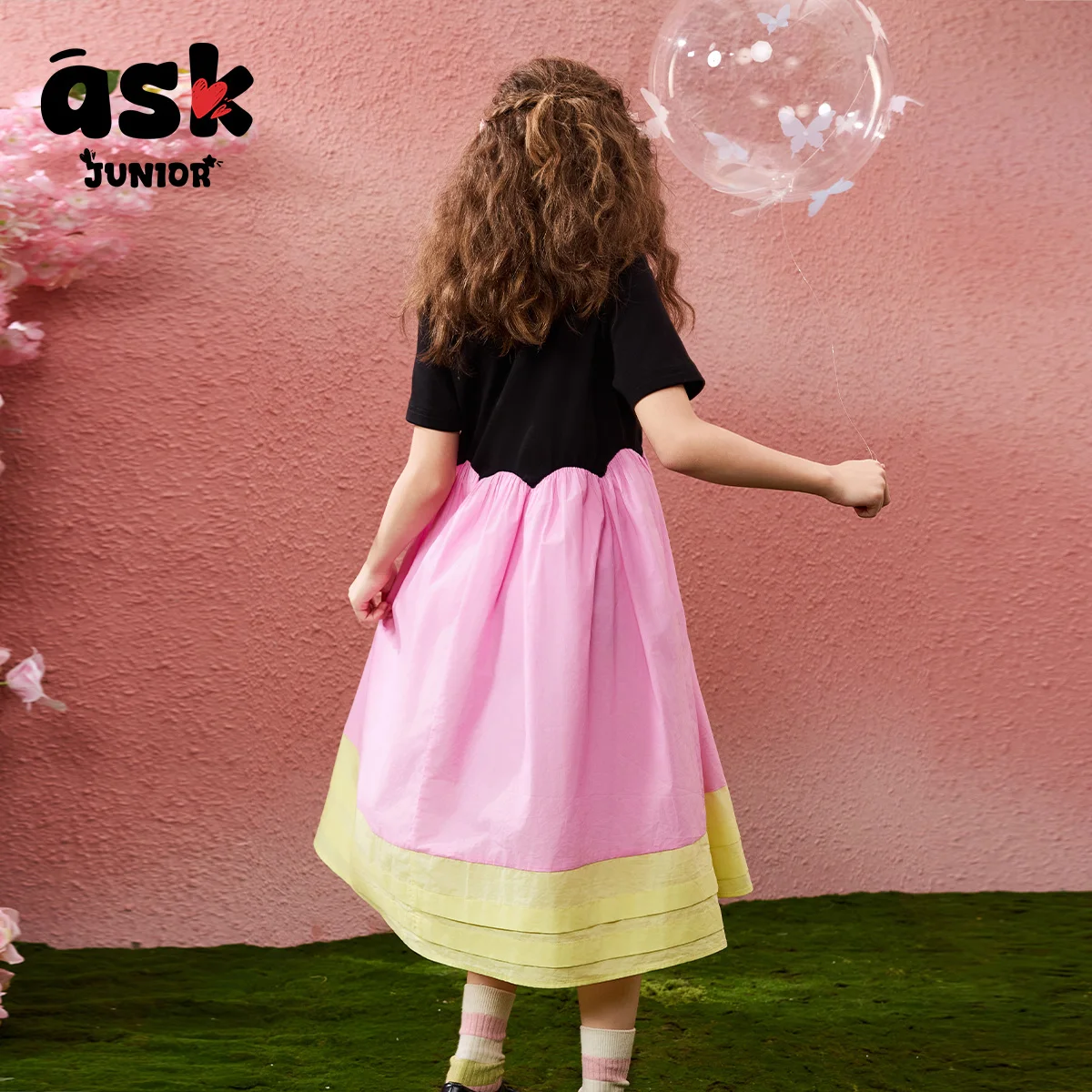 تي شيرت صيفي قصير الأكمام للأطفال الصغار من Ask Junior، فستان متوسط الأكبر سنًا للأطفال بألوان متباينة للفتيات بحاشية على شكل ورقة اللوتس #4