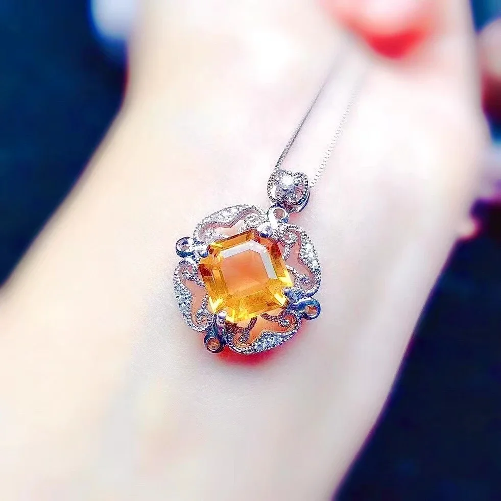 

Vintage Round Silver Gemstone Pendant 10mm Natural Citrine Necklace Pendant for Party 925 Sterling Silver Citirne Pendant
