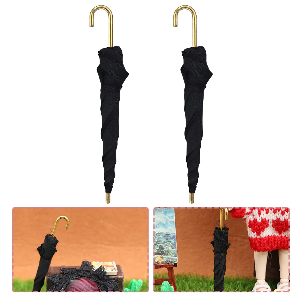 

2 Pcs Umbrella Ornaments Miniature Black Decor Model Toy Models Birch Dollhouse Umbrellas for