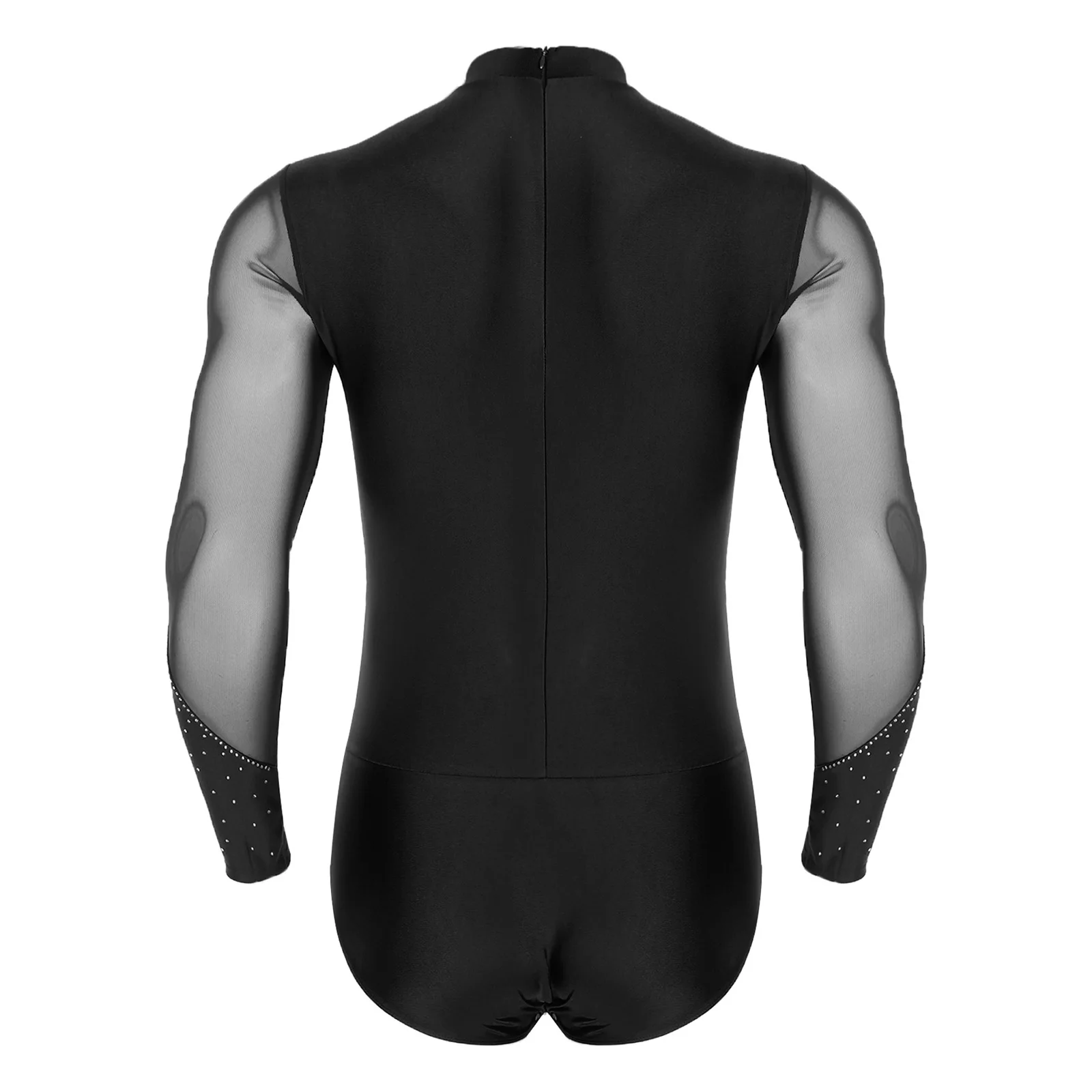 Body da ballo latino per pattinaggio di figura da uomo, body intero con strass scintillanti, manica lunga, per ginnastica, danza classica