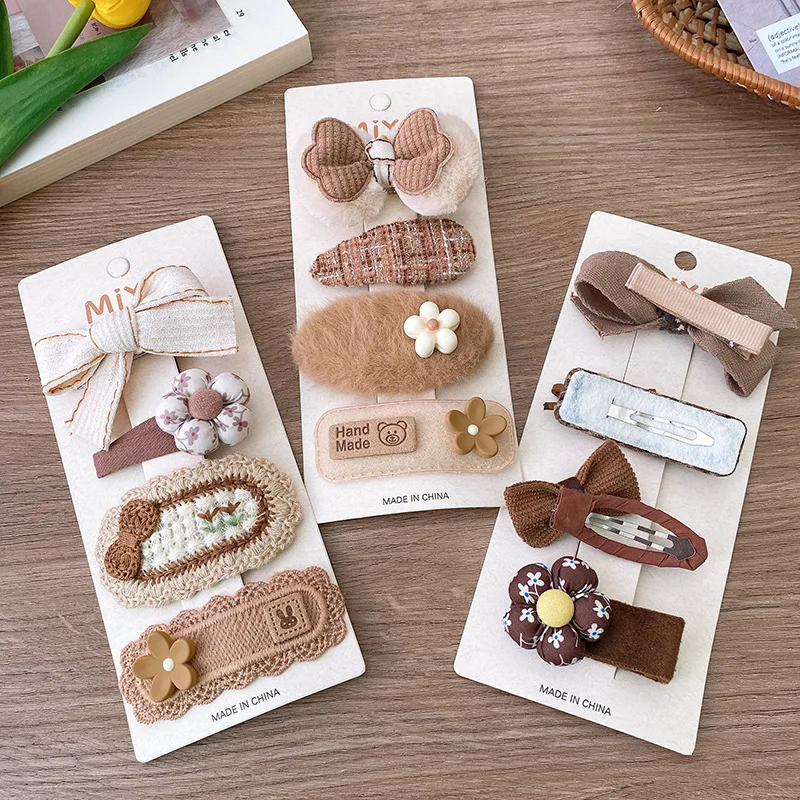 

4pcs/set Sweet Princess Hair Clip for Kids Girl Coffee Brown Color Embroidery Floral Barrettes for Toddler Cute Hair Accessories