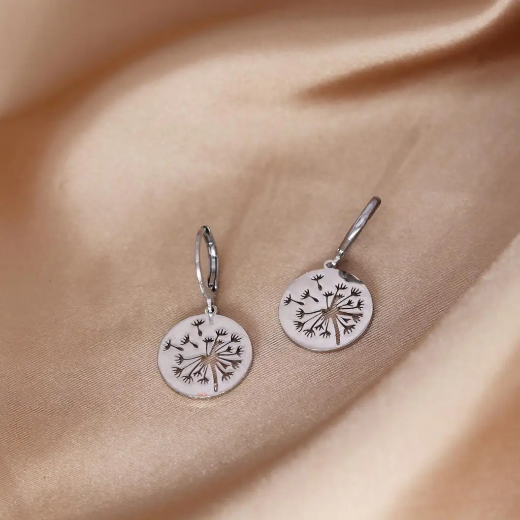 Cxwind Stainless Steel Dandelion Wishing Earrings Circle Dandelion Dicsc Pendant Earring Gift for Her Lucky WISH Jewelry