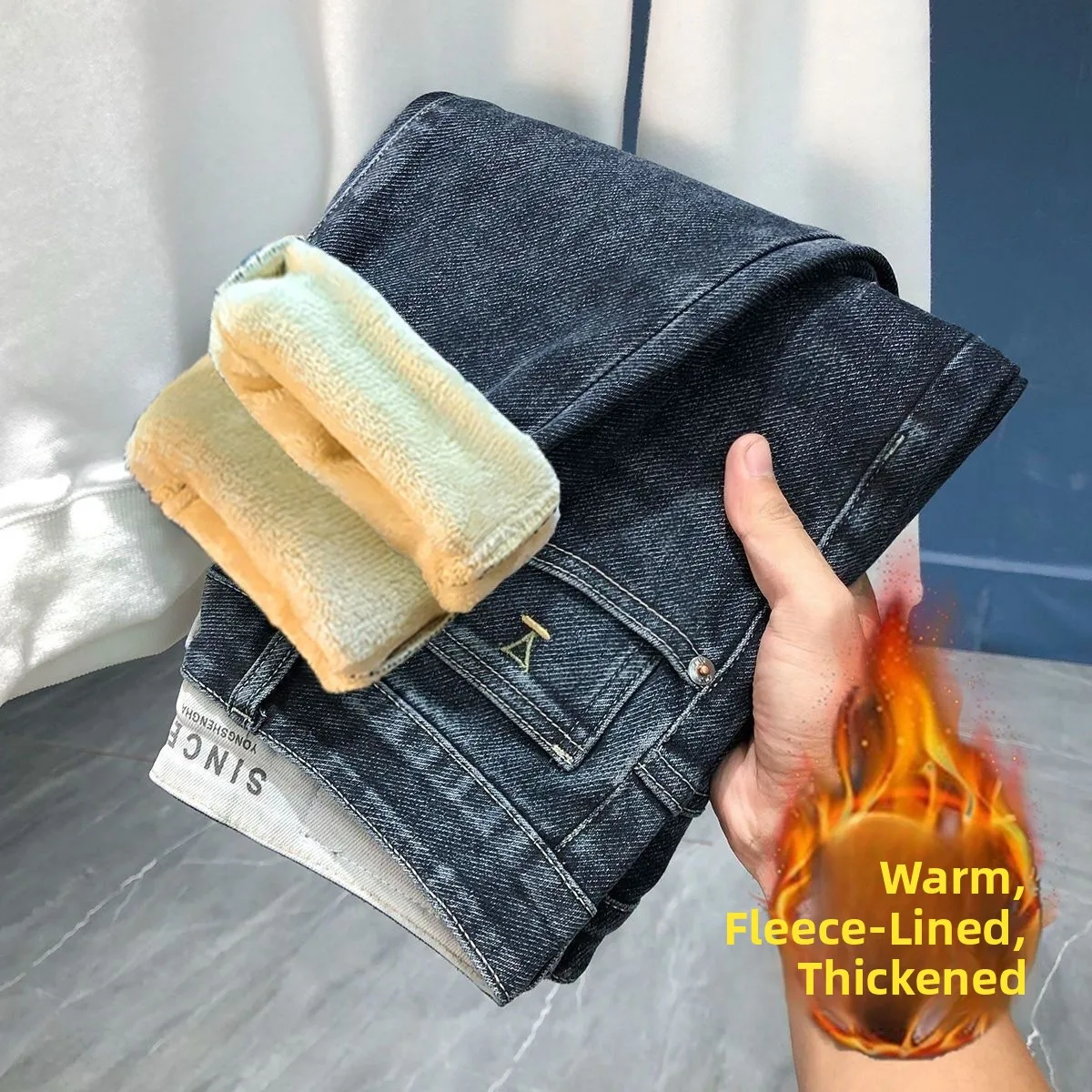 

Autumn Winter Men's Jeans Thi Denim Youth Trendy Stand Fit Warmth Feat Casual Straight Leg Bootcut Trousers