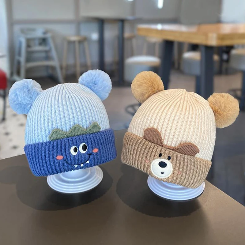 

**Baby Knit Hat Cute Bear Ear Protection Hat Children Winter Thickened Warm Knitted Korean Version Baby Hat
