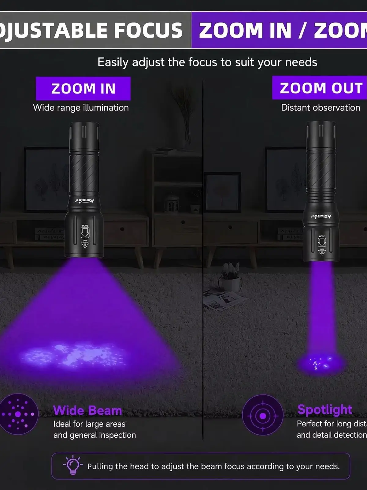 Alonefire 2-in-1 365nm+395nm Zoom UV-Licht LED Hochleistungs-Taschenlampe für Erz, Skorpione, Geldscheine, Katzen-, Hunde- und Tierurin, Jade, Edelsteine