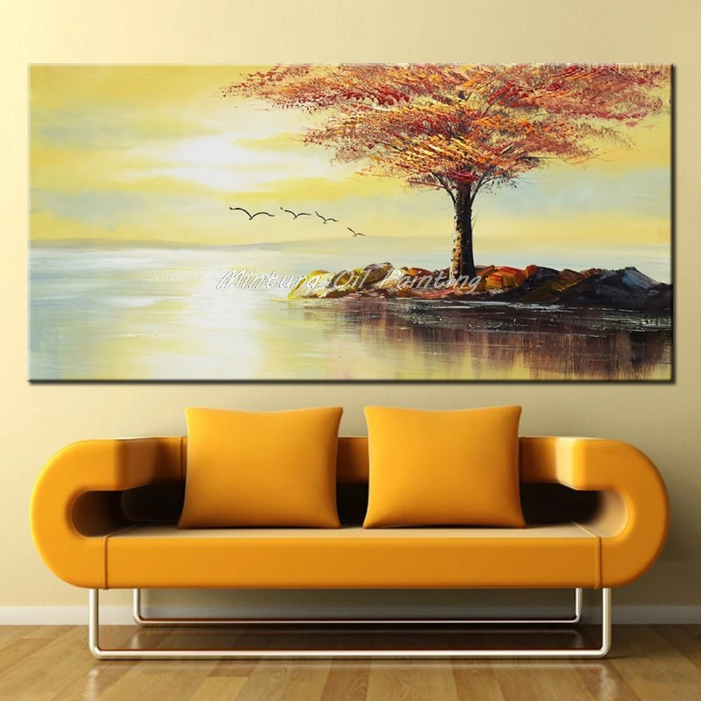 Mintura Modern Abstact Sunset Flying Birds Oil Paintings Red Tree Canvas,Art Wall Mural Picture,Home Decor Hotel Decor  Wall Art