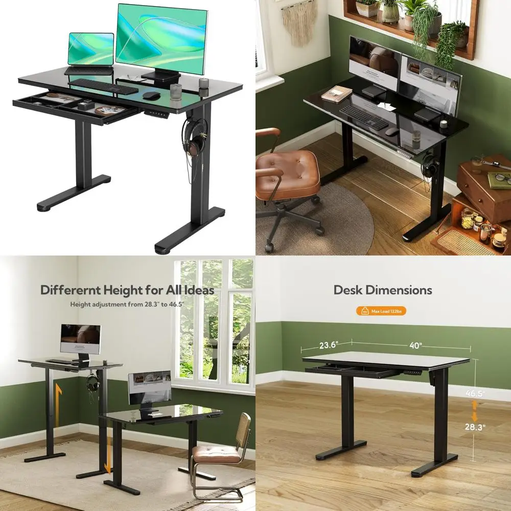 مكتب قائم قابل للتعديل بارتفاع كهربائي، سطح زجاجي مقاس 40 × 24 مع أدراج #1