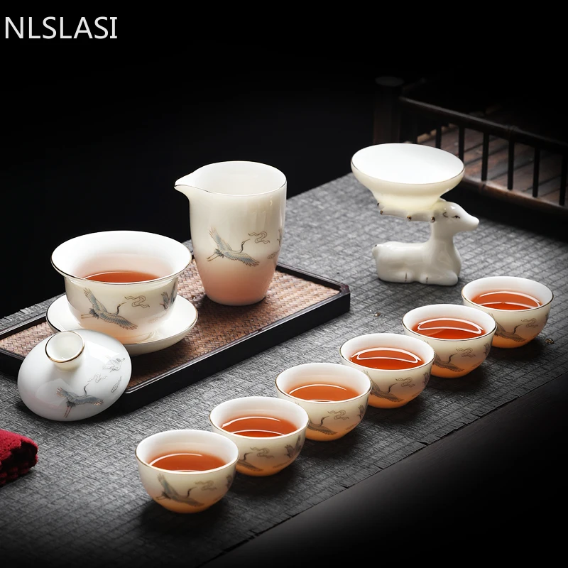 

10 Pcs/set High-grade Suet Jade Ceramic Tea Sets Chinese Exquisite Porcelain Gaiwan Strainer Teacups Home Teaware Drinkware