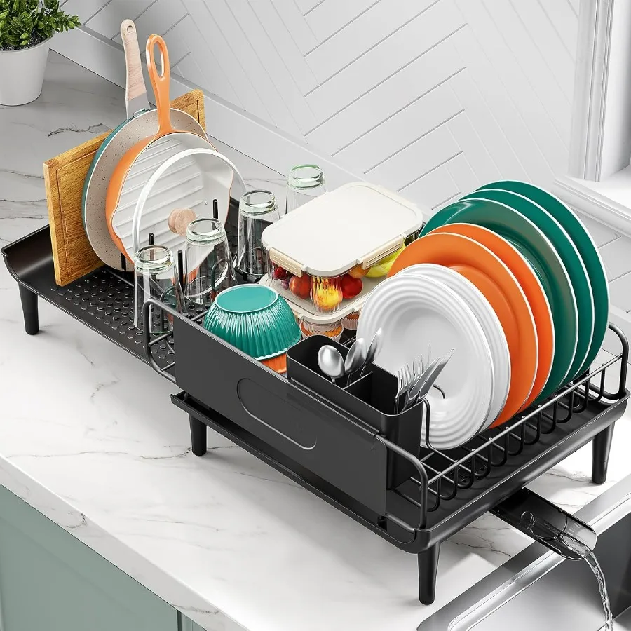 

Large Extendable Dish Drying Rack, 16.93" to 26.57" Expandable Dish Rack for Kithen Counter, with Multifunctional Drainboard, Fi