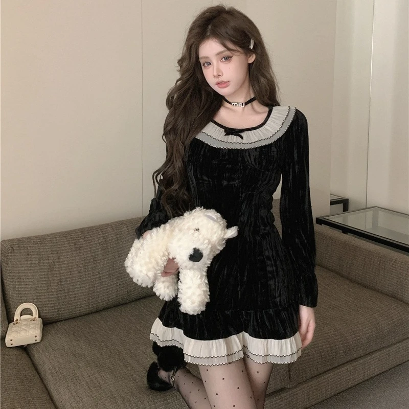 

Velvet Lace Dresses Women Spring 2024 New O-neck Long Sleeve High Waist Slim Thin Office Lady Korean Style Short Dress Female