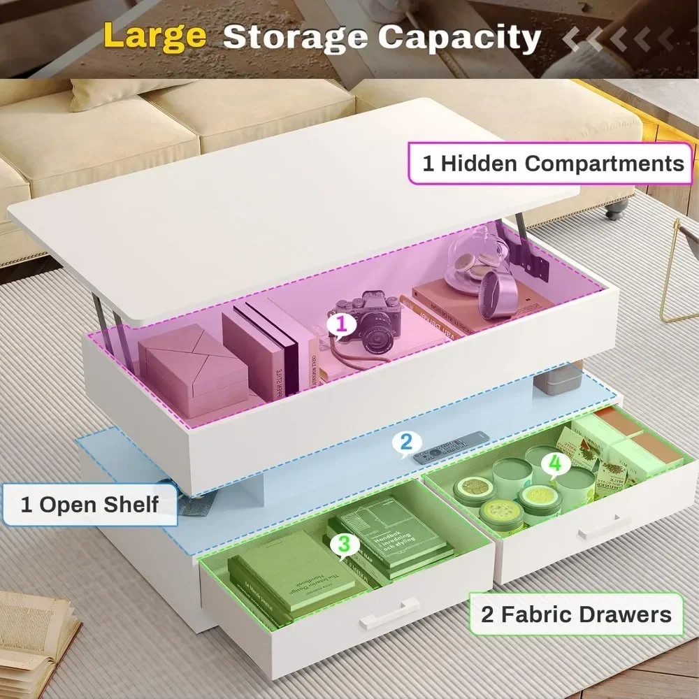 Mesa de centro elevatória, mesas de centro com armazenamento para sala de estar, mesa de centro pequena com 2 gavetas de tecido e luz LED