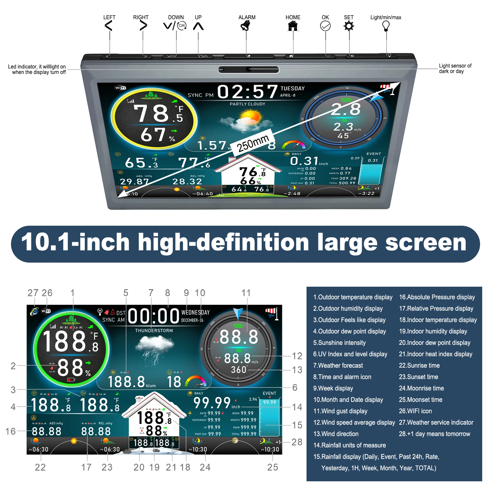 10.1 بوصة HD TFT عرض واي فاي محطة الطقس 7 في 1 مع الاستشعار اللاسلكي إطار الصورة الرقمية مشغل فيديو إنذار التحكم عن بعد