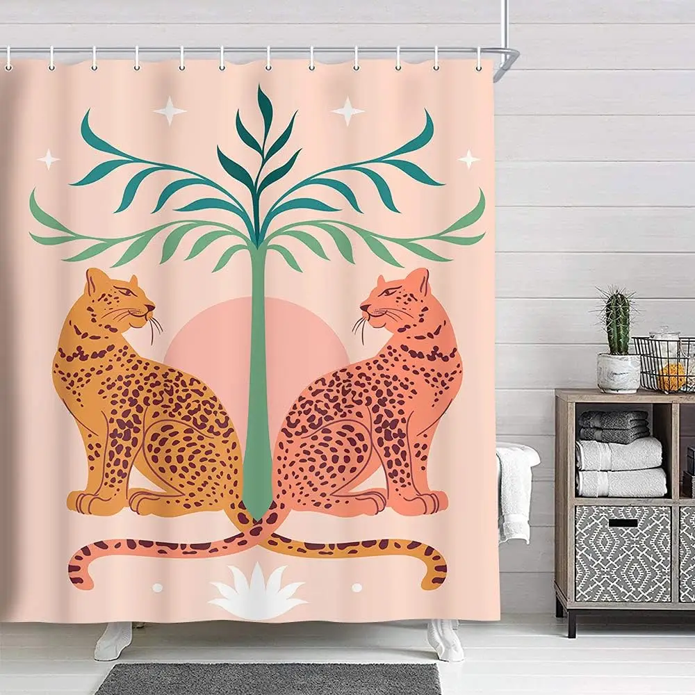 

Занавеска для душа в стиле бохо с леопардовым принтом середины века, розовая винтажная тканевая занавеска для душа с тропическими джунглями в стиле сафари, дикой природы, абстрактное растение