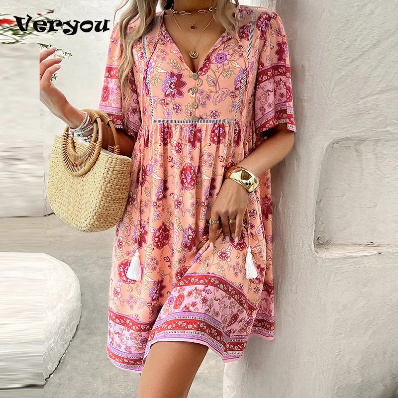 Mini vestido de manga curta com decote V feminino, vestidos boho, estampado com flores, praia, feriado, casual, verão