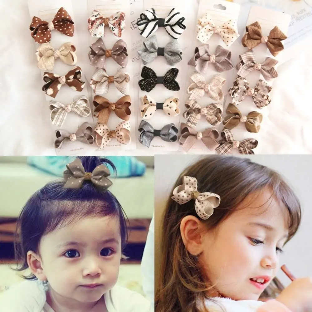 5PCS Hair Accessories Beige coffee Bows Hair Clips Cute Fashion Bowknot BB Clips Cotton Sweet Flower Hairpins