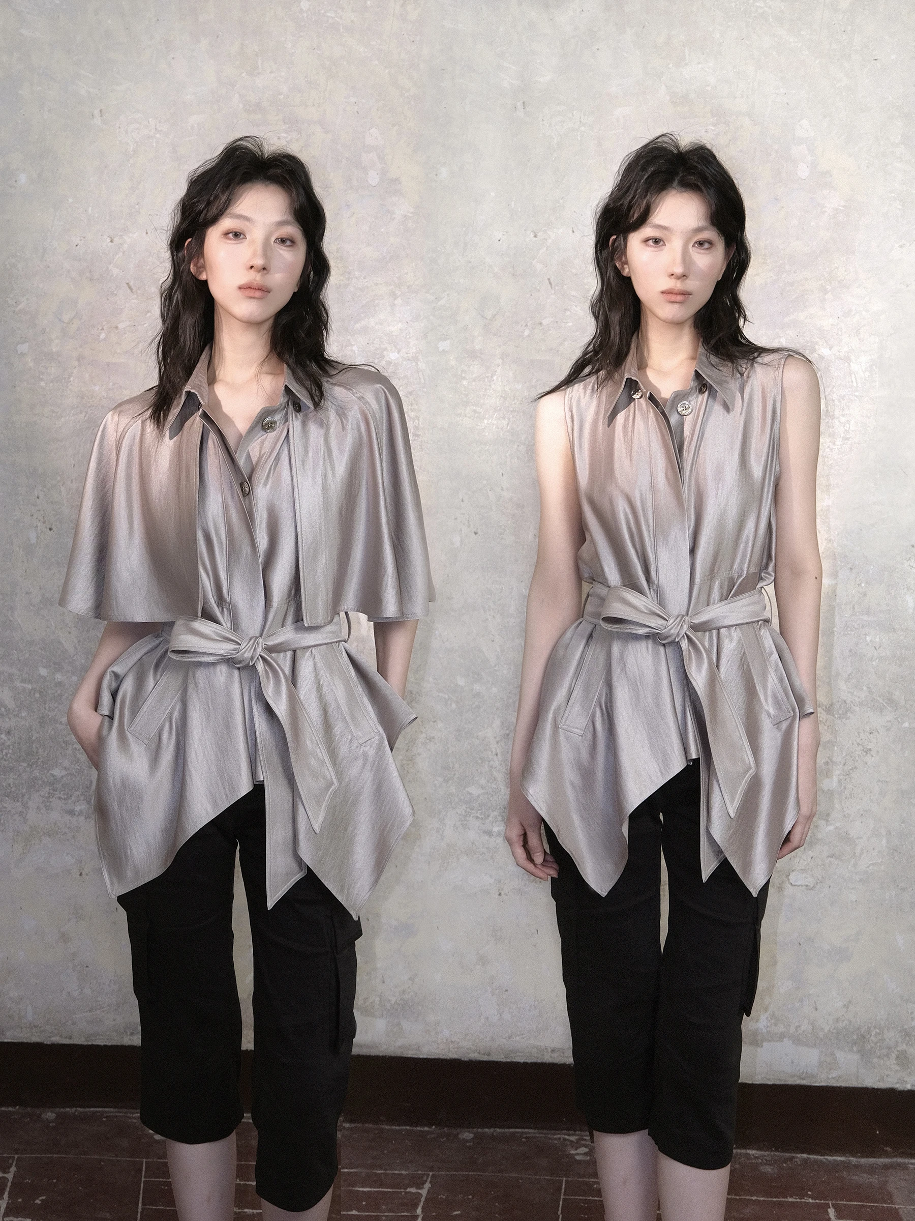 

Рубашка-жилет из атласа WHYNOTDANCE с двусторонним использованием, съемной накидкой, подолом «рыбий хвост», приталенная, с коротким рукавом, бренд WNDONLINE