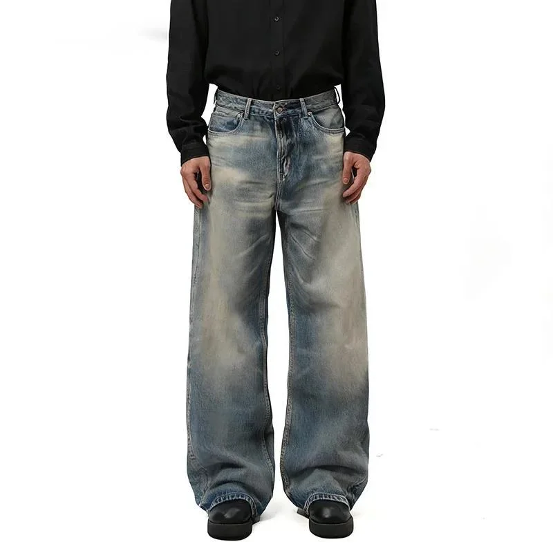 Niche Design Men's Denim Pants Washing Contrast Color All-match Bottom Straight Wide Leg Loose Male Jeans Trend 9XUSMD
