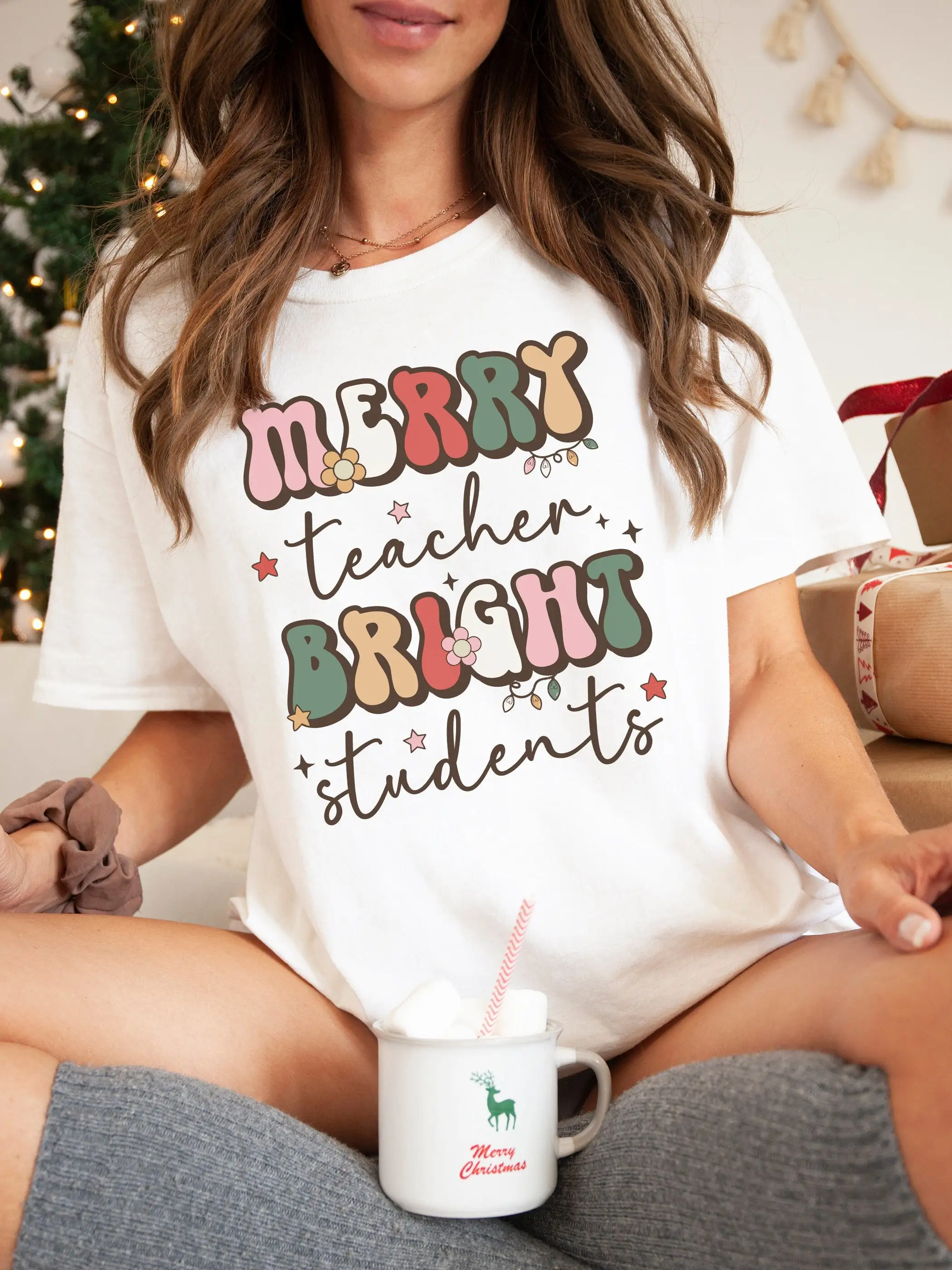 Retro Teacher Christmas T Shirt Merry Bright Students Clothes Kindergarten S Math Esl