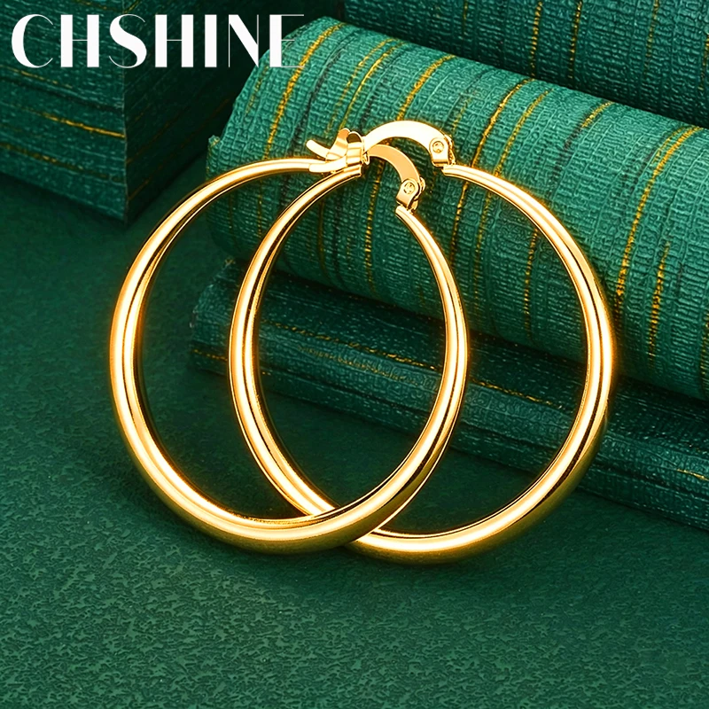 925 Sterling Silver 18K Gold Smooth Thin Large Round Hoop Earrings for Women Fashion Charm Wedding Party Jewelry
