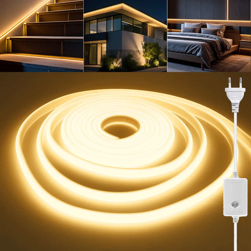 220v regulável cob led strip light ligar/desligar dimmer ip67 à prova dip67 água 288leds flexível lâmpada de néon decoração para casa plugue da ue branco natural quente