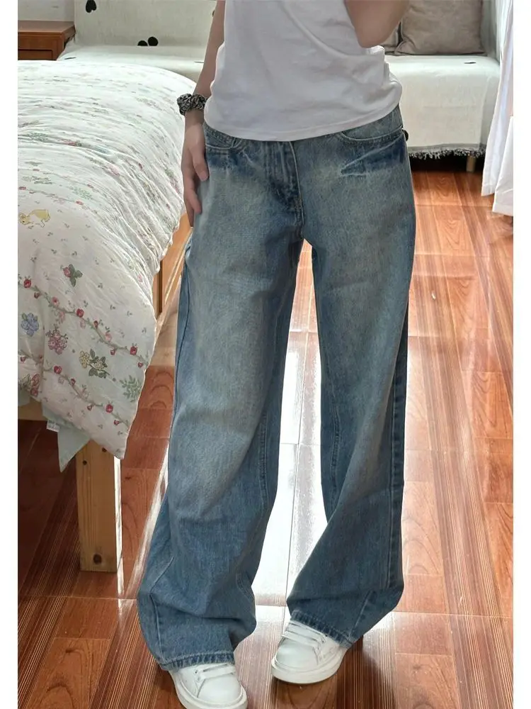 여성용 하이웨이스트 스플라이싱 아메리칸 패션 스택드 러플 플리츠 드레이프 스플릿 슬릿 비대칭 디테일 사이드 데님