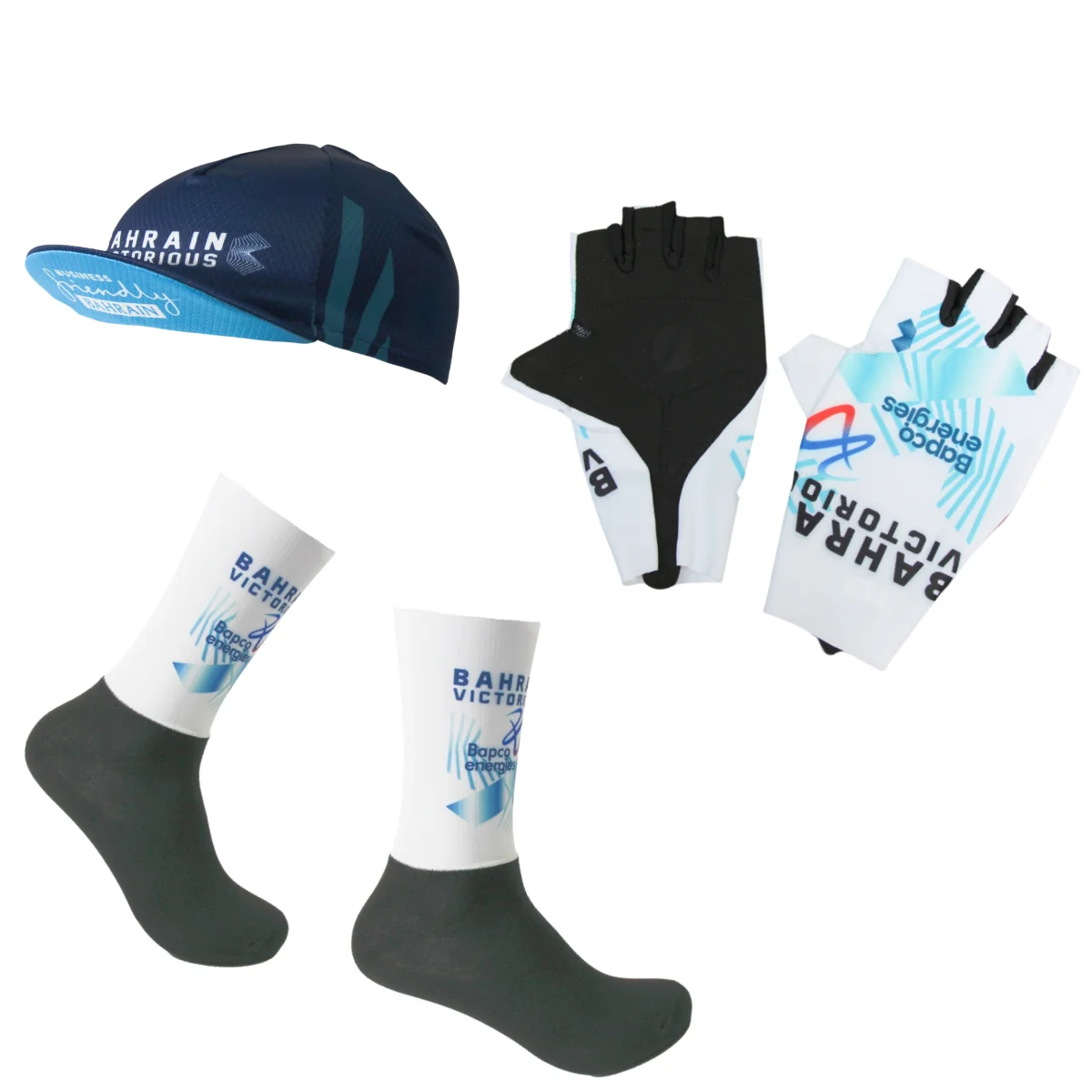 Синий велосипедный комплект BAHRAIN TEAM 2025 — высококачественные мягкие дышащие перчатки, носки и кепка для верховой езды на открытом воздухе Синий велосипедный комплект BAHRAIN TEAM 2025 — высококачественные мягкие дышащие перчатки, носки и кепка для верховой езды на открытом воздухе