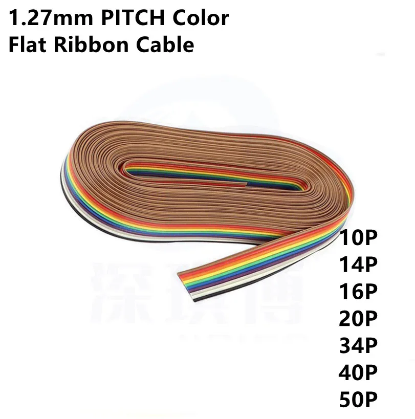 

1 метр 10P/12P/14P/16P/20P/26P/34P/40P/50P 1,27 мм цветной плоский ленточный кабель Радужный кабель DuPont для FC разъем Dupont