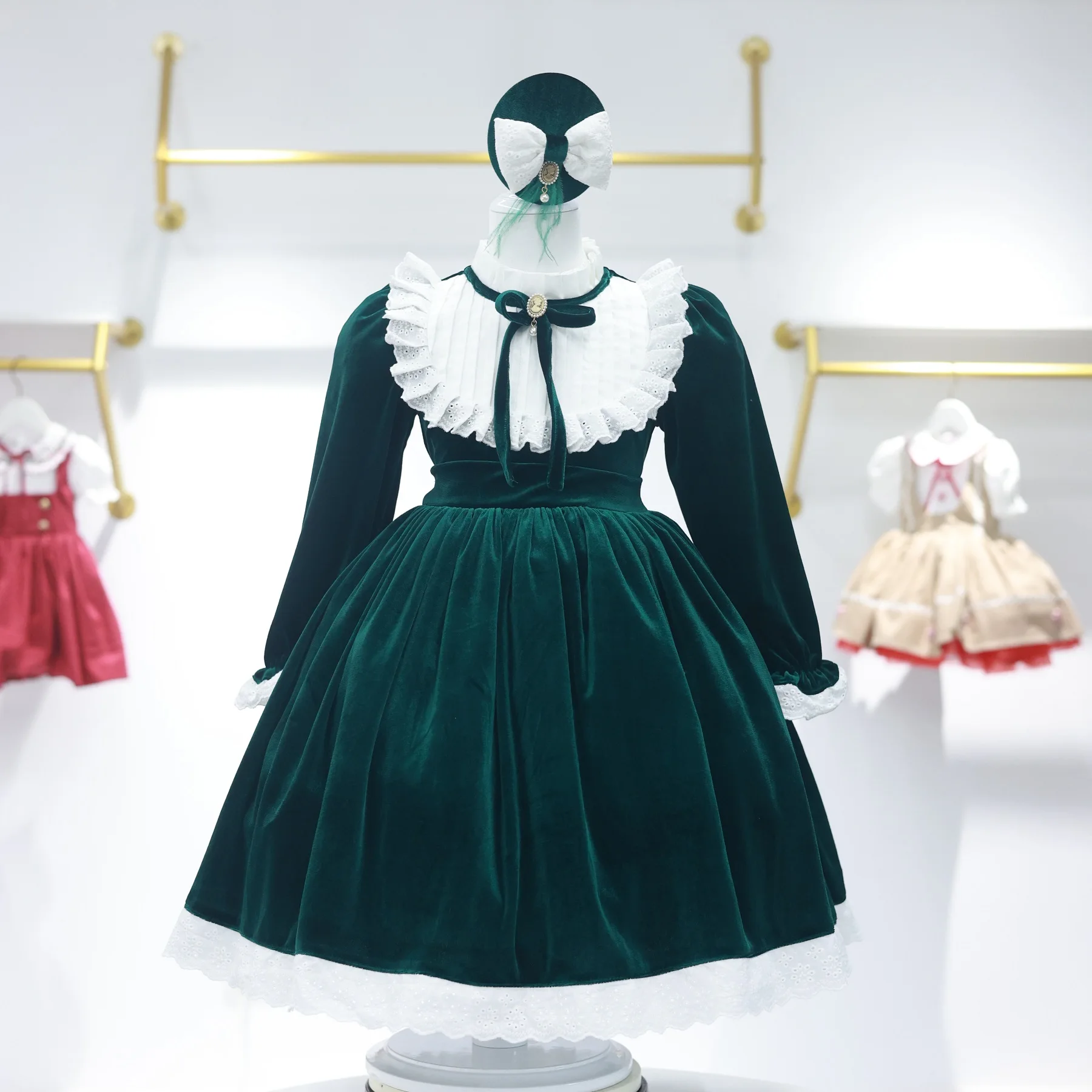 0-12Y Baby Girl Autumn Winter Green Velvet Vintage Spanish Turkish Princess Ball Gown Dress for Eid Christmas Photography C94