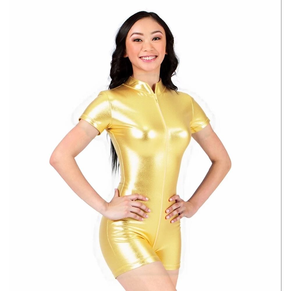 

OVIGILY Women Shiny Metallic Short Sleeve Unitard Bodysuit Adults Spandex Front Zipper Dance Wear Performance Costume Clubwear