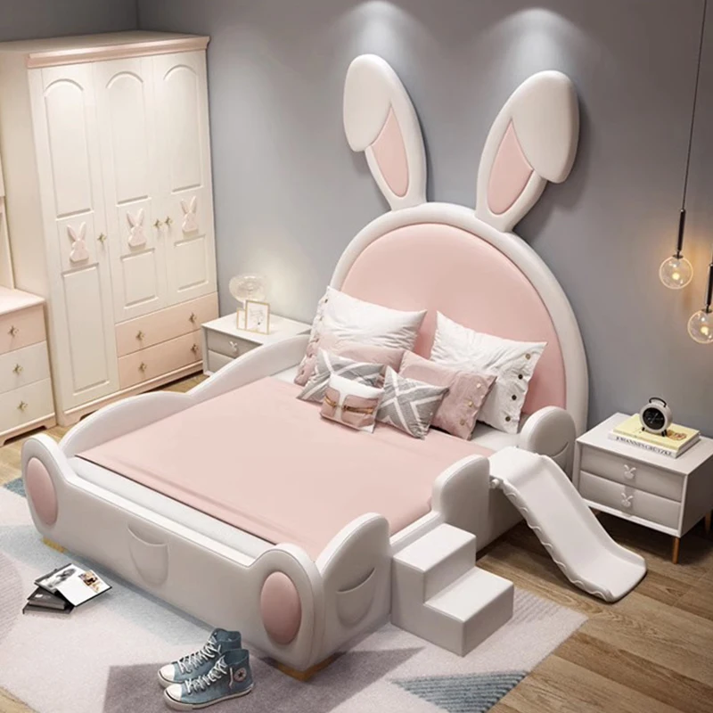 #For Cute Rabbit Bed Girls Modern Pop Children's Bed with Guardrail Soft Leather Storage Children's Bed Set Furniture Bedroom
