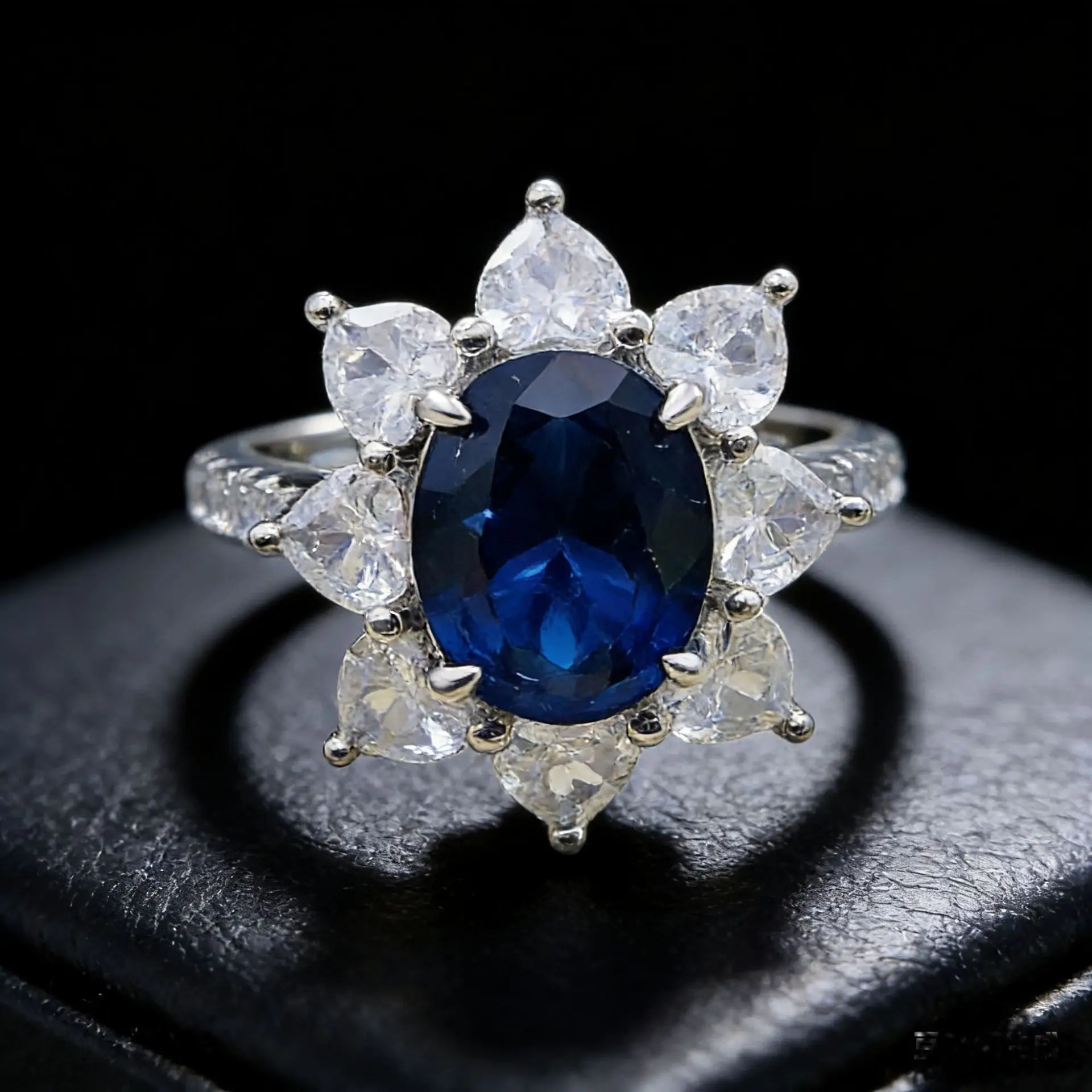 Fashion jewelry piece - realistic blue sapphire sunflower ring. High-end pigeon egg emerald ring for women.