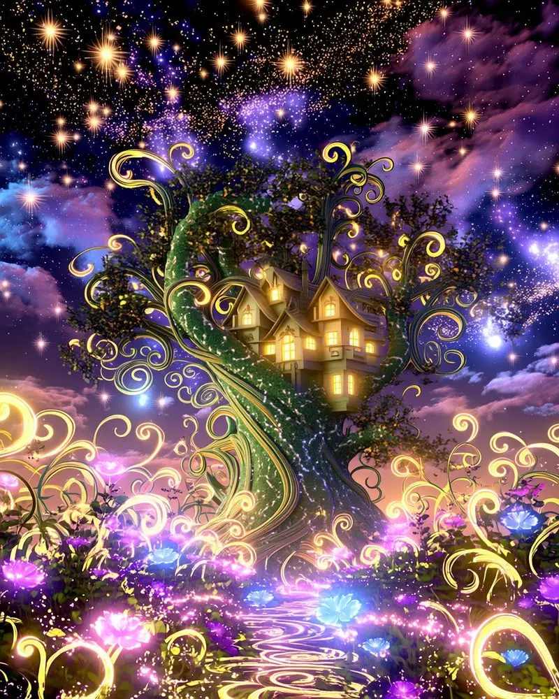 CHENISTORY Fantasy treehouse at night