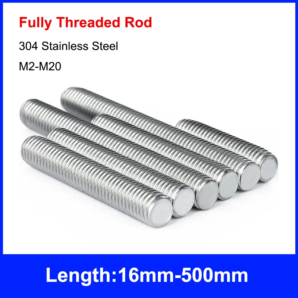 M2-M20 DIN975 304 Stainless Steel Fully Threaded Rods Bar Studs Screw Rod Wire Screw Rod Length 16mm-500mm