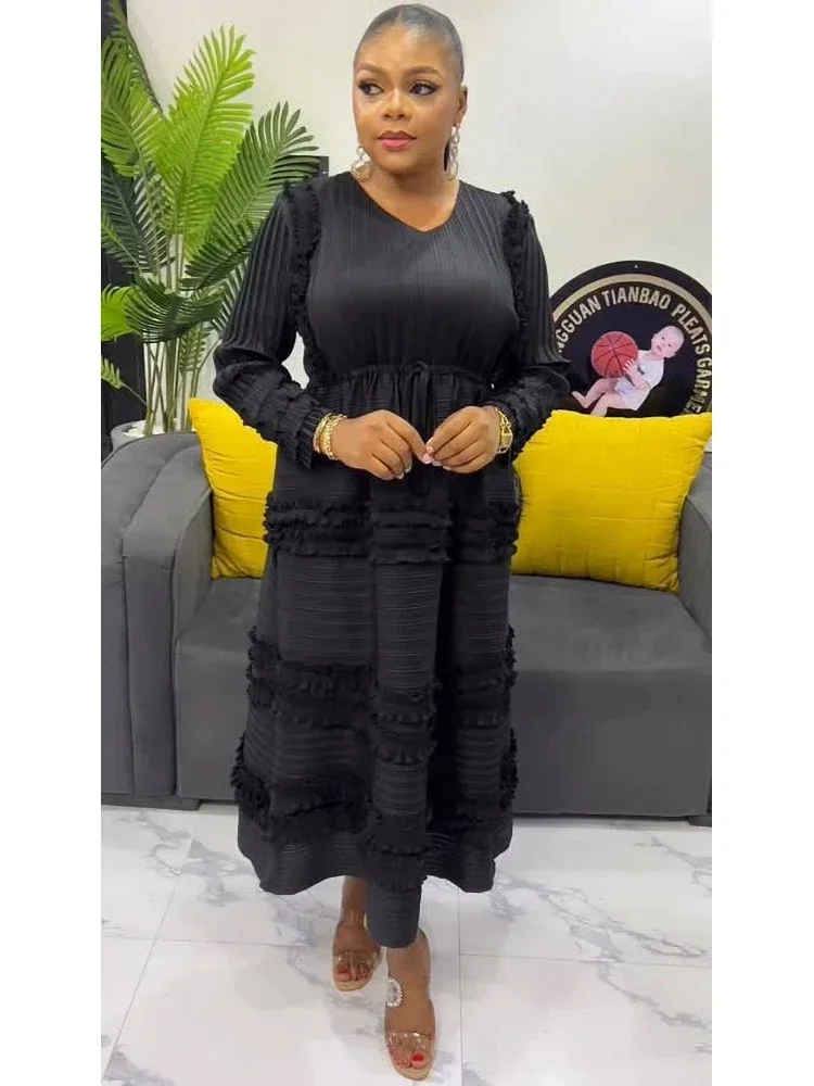 Vestido plisado elegante para mujer, cuello redondo, manga larga Floral 3D, diseño empalmado de hongos, vestidos acampanados, moda de fiesta, nuevo 2025