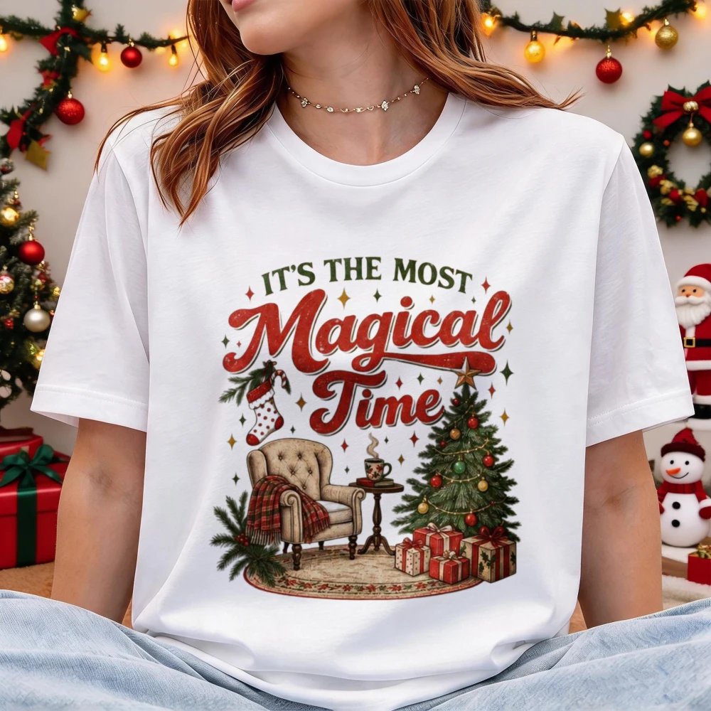 Vintage Christmas Women Tshirt It's the Most Magical Time Printing Tshirt Cozy Holiday Tree & Gifts Unisex Fashion Cotton Tees